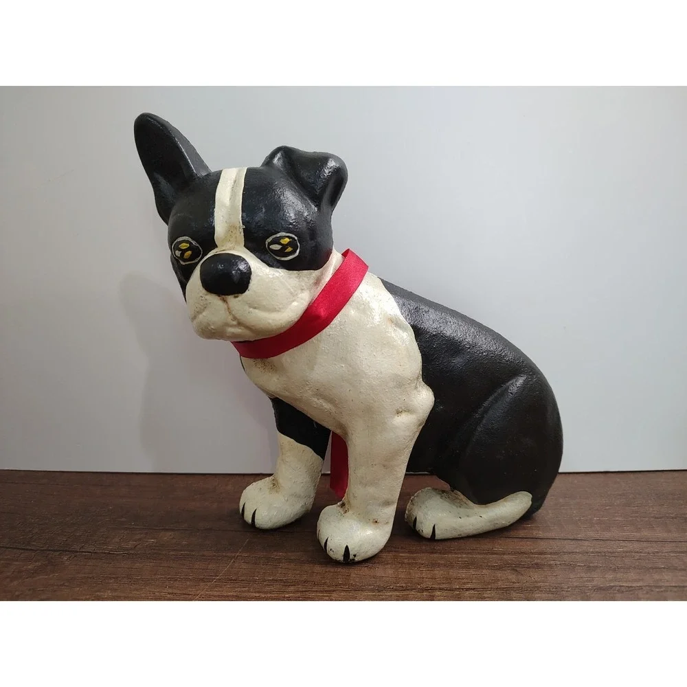 Vintage Cast Iron Boston Terrier One Sided Black And White Dog Door Stop